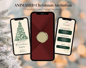 May include: Three smartphones displaying a Christmas party invitation. The central phone shows a burgundy envelope with a gold seal. The other phones display a Christmas tree and party details. Text reads: Animated Christmas Invitation.