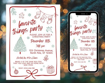 Feestuitnodiging voor favoriete dingen | Uitnodiging voor feestfeestje | Bewerkbare canva-kerstfeestuitnodiging