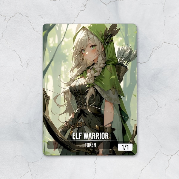 ELF WARRIOR Token 1/1 - GREEN, Custom Art Token - Anime style - Alluring Woodland Sentinel: Elf Defender of the Woods