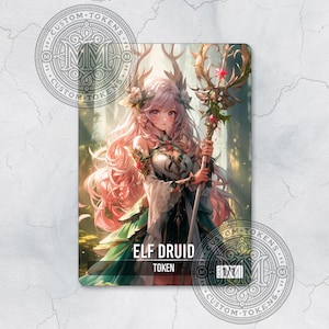 Token Elf Druid - Groen - Custom Art Token - Anime-stijl - Serene Elf Druid: Nature's Elegant Healer