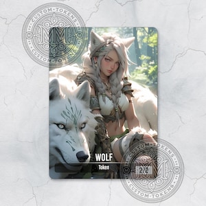 May include: A white wolf token card with a white wolf and a woman with white hair and a green and white outfit. The card has the text "WOLF" and "Token" and the power and toughness "2/2".