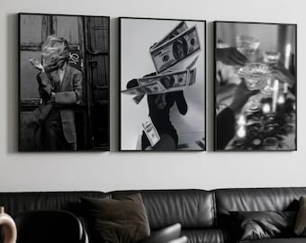 Set of 3 Black and White Prints, Baddie Wall Art, Money Poster, Luxury Lifestyle Print, Dark Gallery Wall, Glam Room Decor, Boss Girl