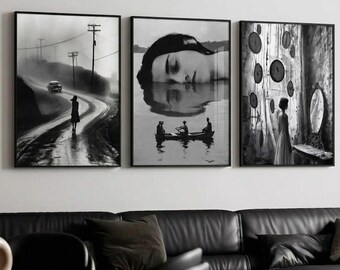 Set of 3 Surreal Wall Art, Foggy Road Silhouette Print, Dreaming Face Water Poster, Clock Wall Woman Print, Dark Academia Moody Gallery Wall