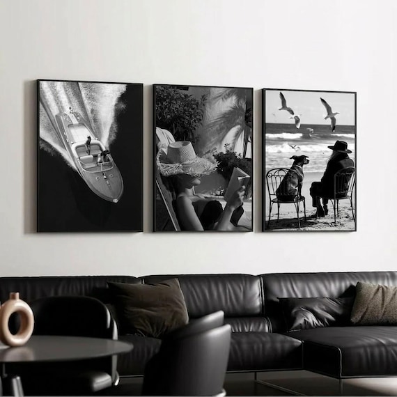 Old Money Wall Art Set of 3 Vintage Speedboat Print French Riviera Poster Quiet Luxury Coastal Decor Black White Digital Download