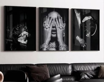 Black Panther Diamond Wall Art Set of 3, Luxury Baddie Aesthetic Prints, Dark Glamour Poster, Mob Wife Decor, Digital Download
