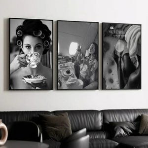 Self Care Wall Art Set of 3 Private Jet Print Bubble Bath Poster Hair Rollers Art Black White Glam Bathroom Decor Digital Download
