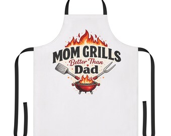 Fartuch dla mamy grillującej lepiej niż tata | Grill z płomieniami, szpatułką i widelcem
