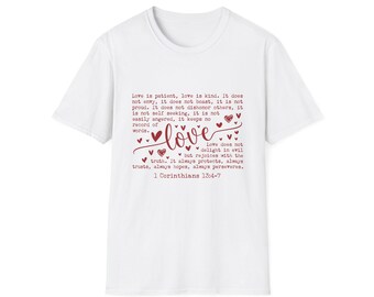 Love Script Hearts T-Shirt | 1 Corinthians 13:4-7 Bible Verse Shirt