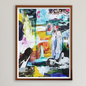 May include: Abstract art print in a wooden frame. The artwork features a collage of images and painted elements in vibrant colors, including yellow, blue, and red. Figures and shapes are layered throughout the composition, creating a dynamic visual experience.