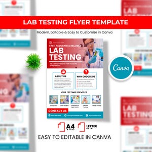 Könnte beinhalten: Ein Labortest-Flyer-Template mit roter Kopfzeile und türkisfarbenen Akzenten. Der Flyer enthält den Text "LAB TESTING" und "Your Health Starts with Accurate Diagnostics". Außerdem enthält er Symbole und das Canva-Logo.