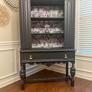 Dark Gray Painted China Cabinet -  Antique Upcycled Hutch with Floral Back Panel