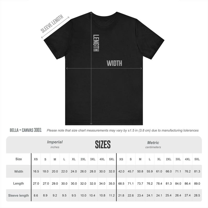 Peut inclure: T-shirt noir avec un tableau des tailles indiquant les mesures en pouces et en centim&egrave;tres. Le tableau comprend les tailles XS &agrave; 5XL, avec des mesures de largeur, de longueur et de longueur des manches. Le t-shirt est de Bella + Canvas 3001.