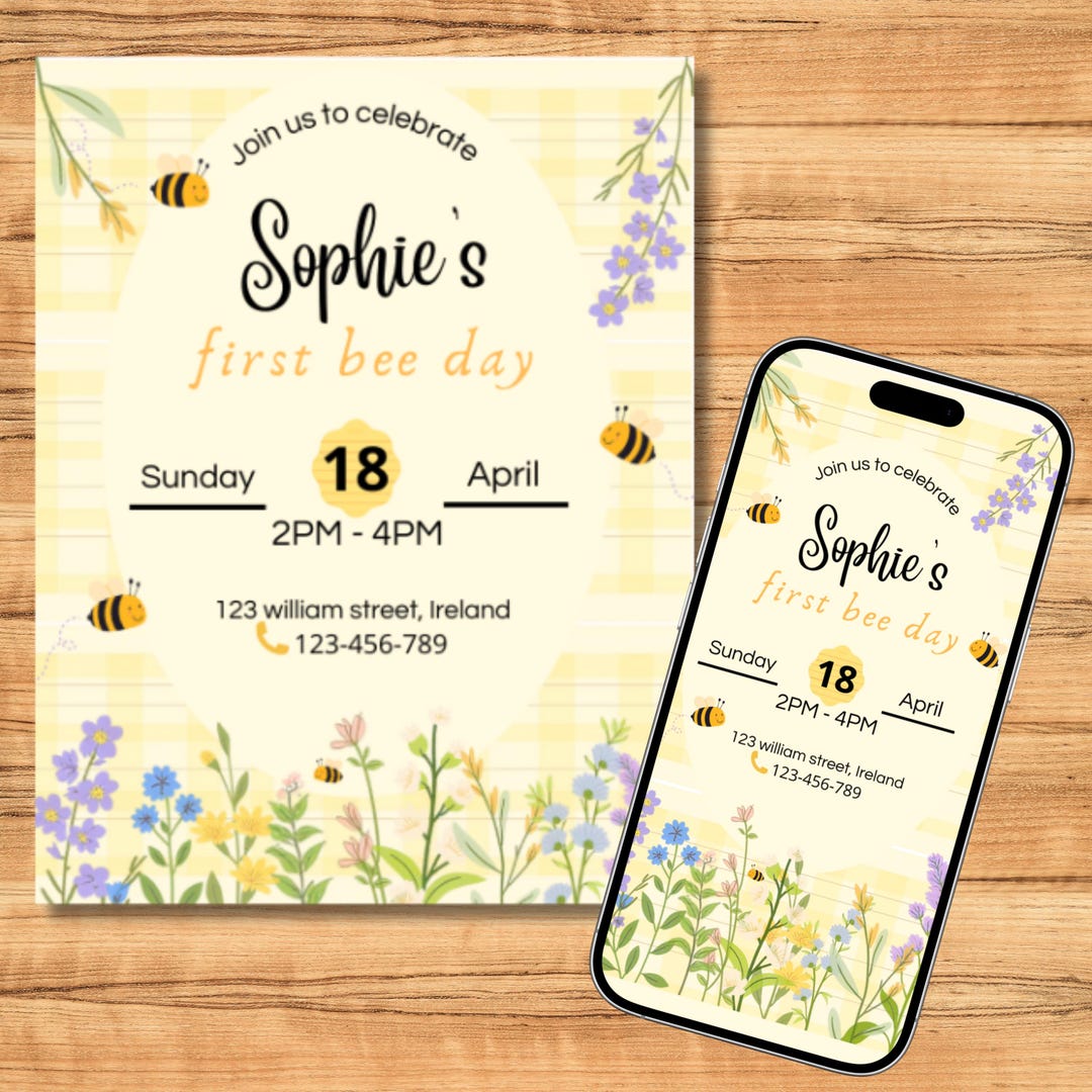 First Bee Day Invitation Template | Editable 1st First Birthday Invite ...
