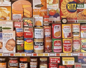 Kolekcjonerska strona książki o sztuce – dwustronna, vintage'owa, z lat 60., z projektami opakowań i żywności