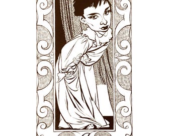 Oryginalna strona z grafiką vintage – Audrey Hepburn w filmie „Rzymskie wakacje” (1953) autorstwa Roberta Sheriffsa