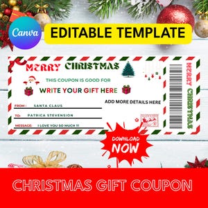 Pode incluir: Um modelo de cupom de presente de Natal com um design vermelho e verde. O cupom inclui campos para o destinatário do presente, o remetente e uma mensagem pessoal. O design apresenta elementos festivos como uma árvore de Natal e presentes.