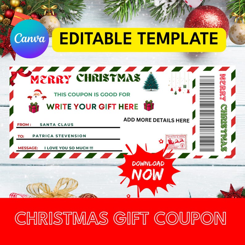 Printable Christmas Coupon Template | Editable Xmas Gift Ticket ...