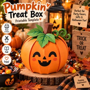 May include: A paper pumpkin treat box featuring a smiling jack-o'-lantern face with black eyes, a triangular nose, and a wide grin. The orange pumpkin has green paper leaves and a curly vine on top, with a brown stem. Text includes Pumpkin Treat Box.