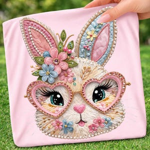 Può includere: Un tessuto rosa con un viso di coniglio ricamato. Il coniglio indossa occhiali a forma di cuore ed è decorato con fiori. Le orecchie sono ricamate in rosa e blu, e il disegno è impreziosito da perline.