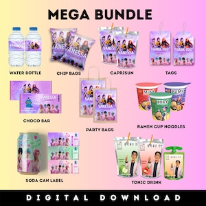 May include: A collection of party supplies, including water bottles, chip bags, CapriSun pouches, tags, chocolate bar wrappers, party bags, ramen cup noodles, soda can labels, and tonic drink pouches. The items feature a colorful design with the name "Vanessa" and the text "Mega Bundle" and "Digital Download".