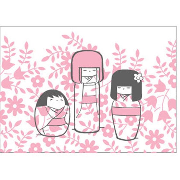 One "Kokeshi Dolls" 4-Bar Floral Notecard