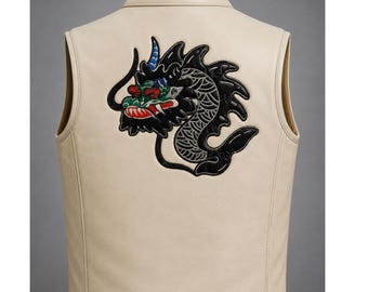 Colete vermelho bordado com dragão dos anos 80, fantasia retrô de estrela pop para cosplay, roupa de couro streetwear.