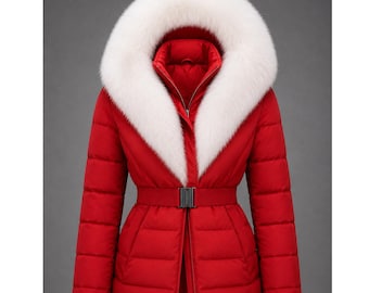 Jaqueta feminina vermelha estilo Papai Noel com capuz de pele sintética branca | Casaco de inverno natalino | Jaqueta festiva com cinto | Parka quente de luxo