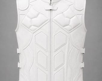 Men’s white Leather Armored Motorcycle vest– Tactical CE Protection Biker Riding Gear