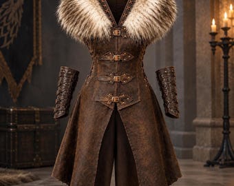 Viking Leather Dress, Fur Mantle Medieval Armor with Matching Bracers