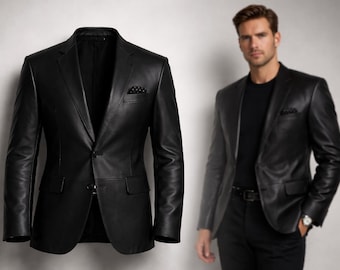 Blazer masculino de couro de cordeiro preto: casaco de carro feito à mão com dois botões