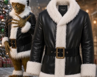 Red Santa Shearling Coat, Faux Fur Trimmed Winter Costume Jacket