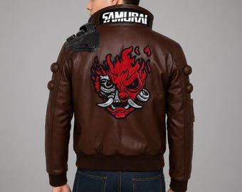 Cyberpunk V 2077 Jacket Samurai Brown Leather Bomber | Men's Gaming & Cosplay Costume | Game Character