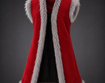 Colete vermelho com acabamento em pele sintética, colete feminino de inverno com pele sintética, colete de veludo vermelho, casaco com acabamento em pele sintética, colete elegante para as festas de fim de ano, moda gótica de inverno.