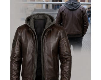 Men's Brown Hooded Leather Jacket, Vintage Distressed Bomber Jacket, Genuine Leather Biker Coat, Retro Streetwear Outerwear