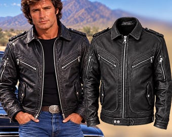 Men’s Black Leather Biker Jacket, Vintage Motorcycle Moto Jacket, Retro Brando Style