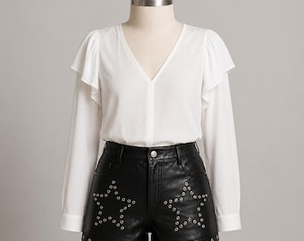 Handmade Studded Leather Shorts | High Waist Gothic Punk Hot Pants | Genuine Lambskin Festival Outfit