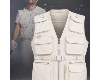 Colete utilitário masculino branco, colete tático com múltiplos bolsos, colete fashion streetwear, colete para pesca ao ar livre, colete leve para viagens.