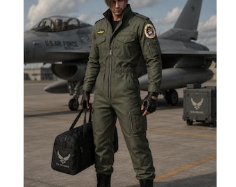 Men's Olive Green Flight Suit Jumpsuit – Military Aviator Style (Cotton Blend)