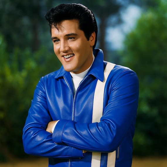 Elvis Presley-Inspired Blue Leather Jacket – Speedway Style with White Stripes