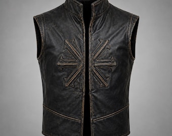 Mens Gothic Leather Vest, Medieval Warrior Vest, Steampunk Waistcoat, Distressed Fantasy Vest, Sleeveless High Collar Costume Vest