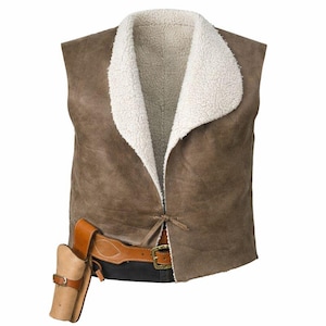 May include: Brown suede vest with a cream shearling collar. The vest features a tie closure and is paired with a brown leather belt and holster. The holster is designed to hold a handgun.