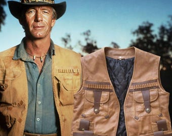 Colete de couro inspirado em Crocodile Dundee | Roupa Western masculina feita à mão