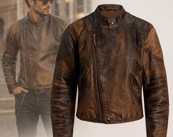 Jaqueta masculina de couro marrom envelhecido estilo motoqueiro | Jaqueta vintage estilo café racer | Jaqueta de couro artesanal para motociclista | Casaco retrô para motociclista