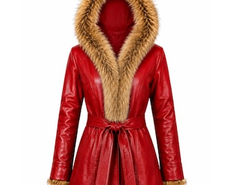 Jaqueta feminina de couro vermelha, casaco com capuz de pele, jaqueta com acabamento em shearling, casaco de couro de inverno, jaqueta vermelha com cinto, agasalho quente e estiloso