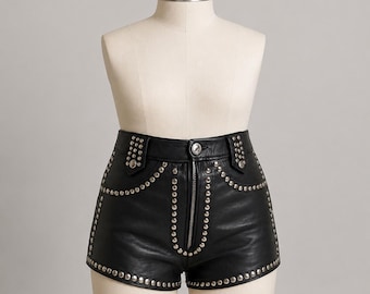 Handmade Studded Sheep Leather Shorts – High-Waist Biker, Gothic Festival