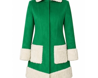 Casaco feminino verde de pele de carneiro, casaco de inverno com acabamento em pele, casaco comprido de camurça verde, casaco de inverno estilo vintage dos anos 70, jaqueta de inverno quente feita à mão