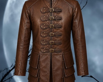 Casaco medieval de couro marrom, jaqueta de couro gótica, casaco renascentista com fivela, jaqueta para fantasia LARP, jaqueta longa viking steampunk, jaqueta de fantasia masculina