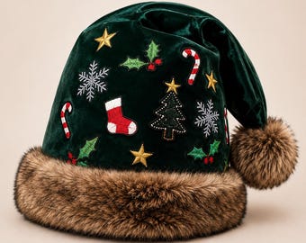 Christmas Santa Hat | Velvet Fur Trim Holiday Hat | Embroidered Christmas Hat | Handmade Festive Winter Hat | Christmas Gift