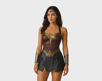 Fantasia de Mulher Maravilha para Cosplay – Roupa de Princesa Guerreira em Couro Feita à Mão com Corpete, Braçadeiras e Tiara – Fantasia para Comic Con e Halloween