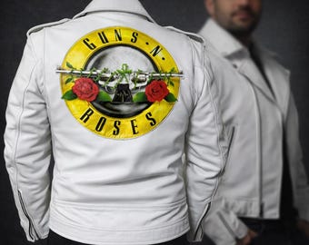 Jaqueta de couro branca estilo motociclista do Guns N' Roses | Estilo de show do Axl Rose